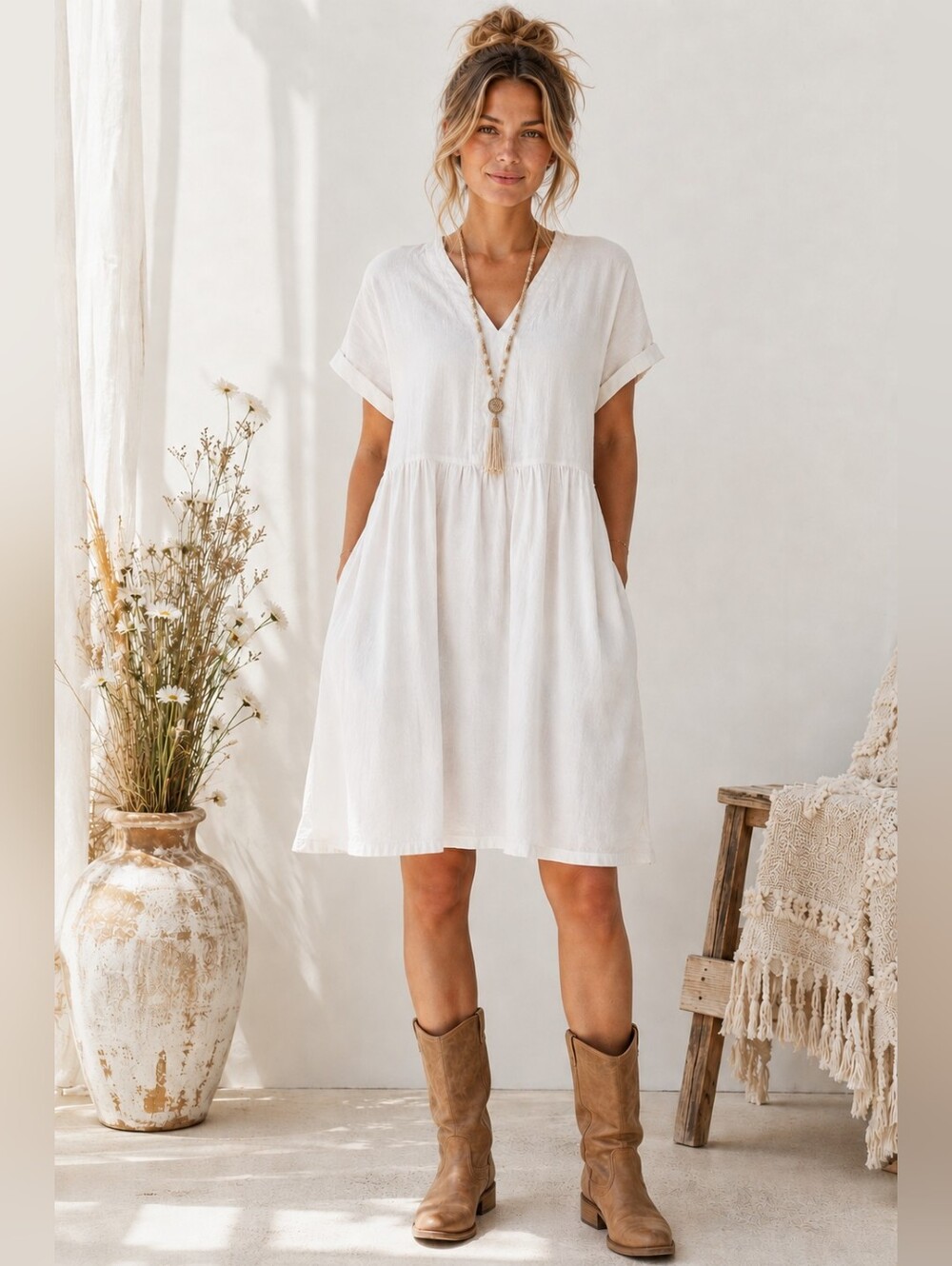 Universal Thread White Linen Blend Dress With Pockets| Size S